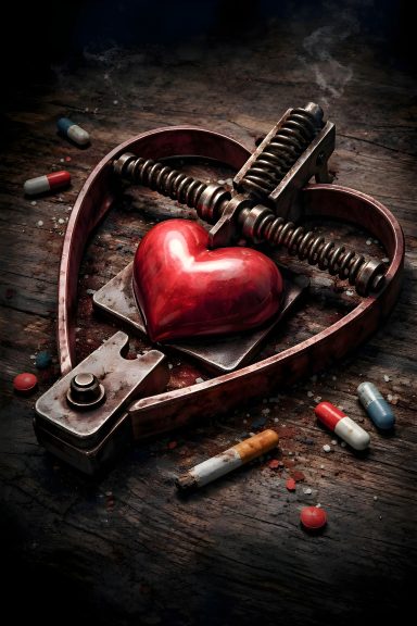 ADDICTIONS Piège symbolique contenant un coeur avec des cigarettes et des médicaments évoquant les addictions